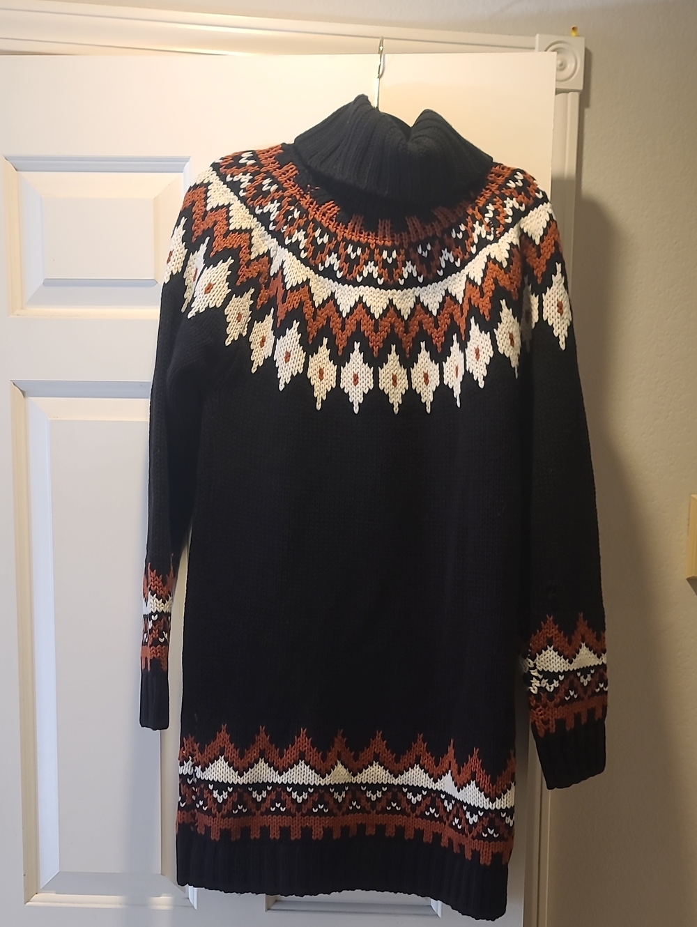 Forever 21 Black Fair Isle Turtleneck Sweater Dress with Rust and Cream Accents